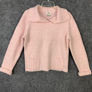 Talbots Crop Sweater Women L Pink Collar Pockets Nubby Knit Wool Blend